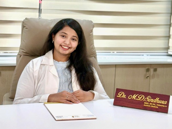 Dr. M.D. Sindhura, founder of Skin Riva Clinics, in her consultation room